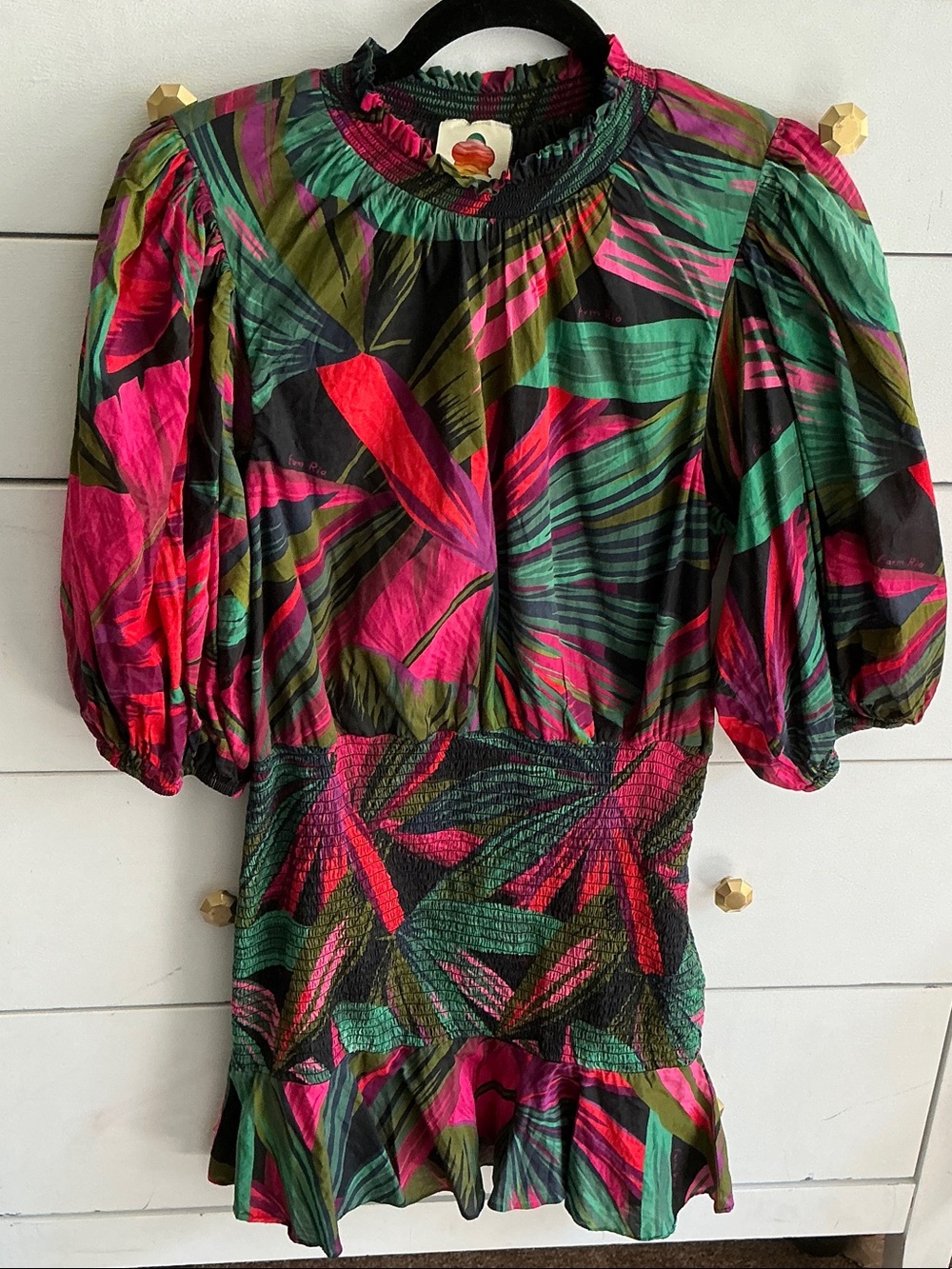 Women’s Tropical Print Puff-Sleeve Dress in Fuchsia & Green